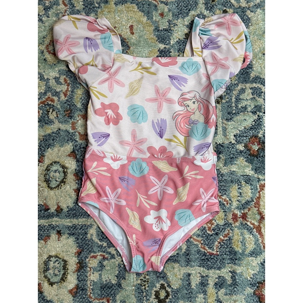 Disney Swimsuit Girls 5T Pink Little Mermaid Ariel Flutter Sleeve EUC